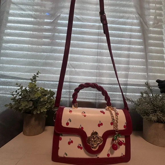 NWOT - Cherry Print Shoulder Mini Bag with Cherry Bag Charm - Picture 2 of 8
